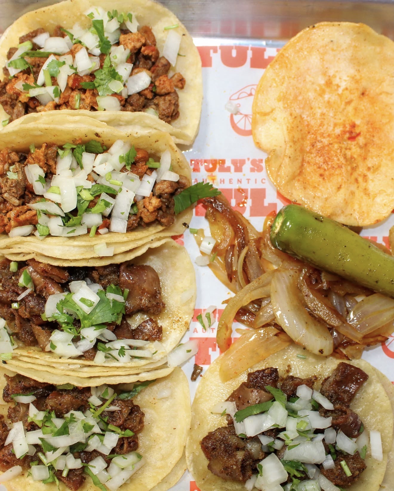 Fresh Tuly's tacos with grilled onions and pepper